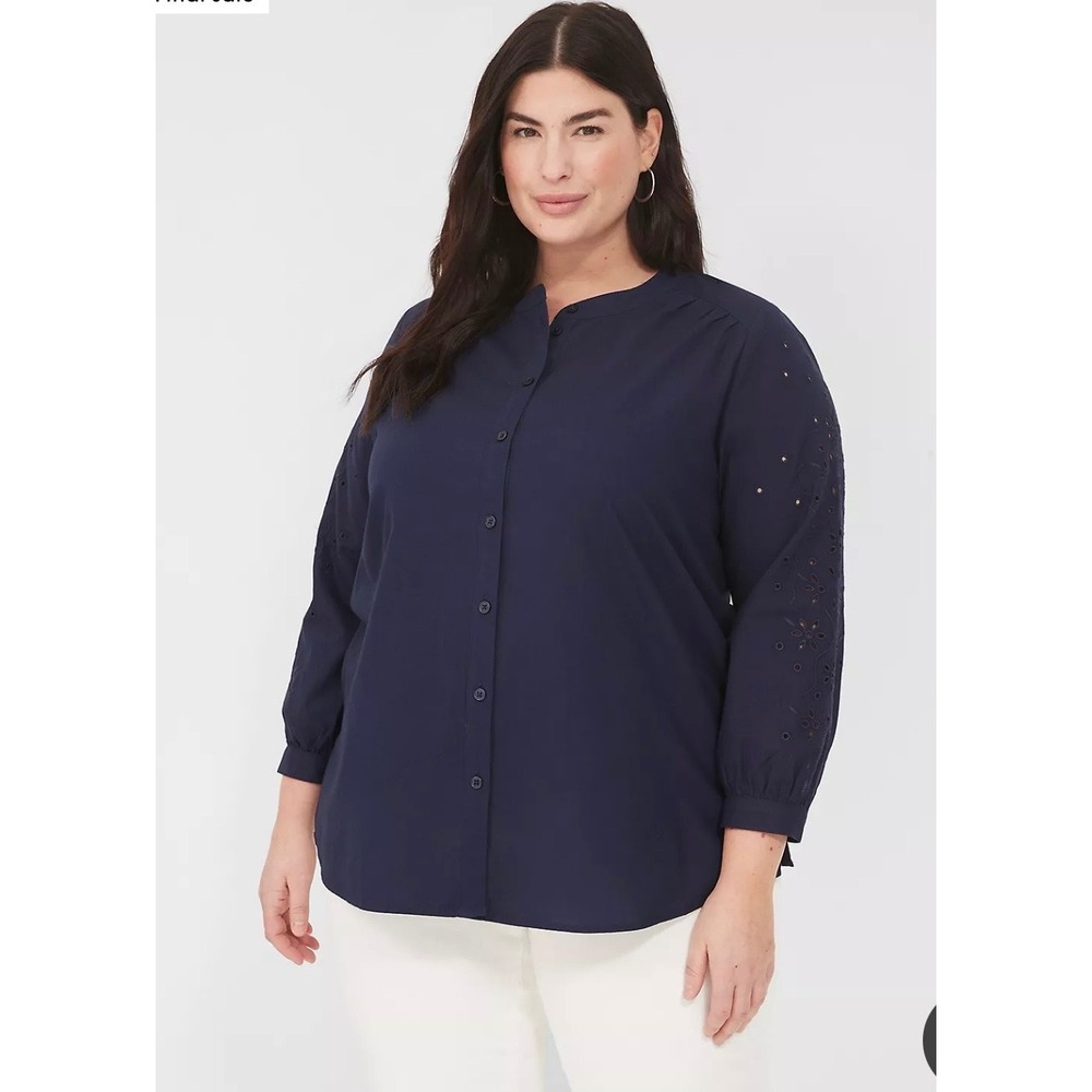 Lane Bryant Maritime Blue Relaxed Eyelet Sleeve Button Front Blouse Plus 22/24
